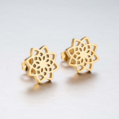 Buddha Stones Tibetan Lotus Pattern New Beginning Stud Earrings Earrings BS Gold