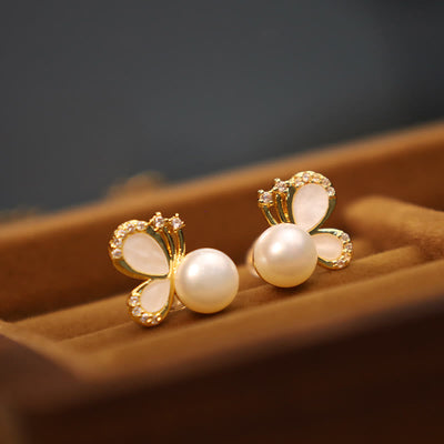 Buddha Stones 925 Sterling Silver Posts 18K Gold Plated Copper Natural Pearl Butterfly Zircon Healing Stud Earrings 4