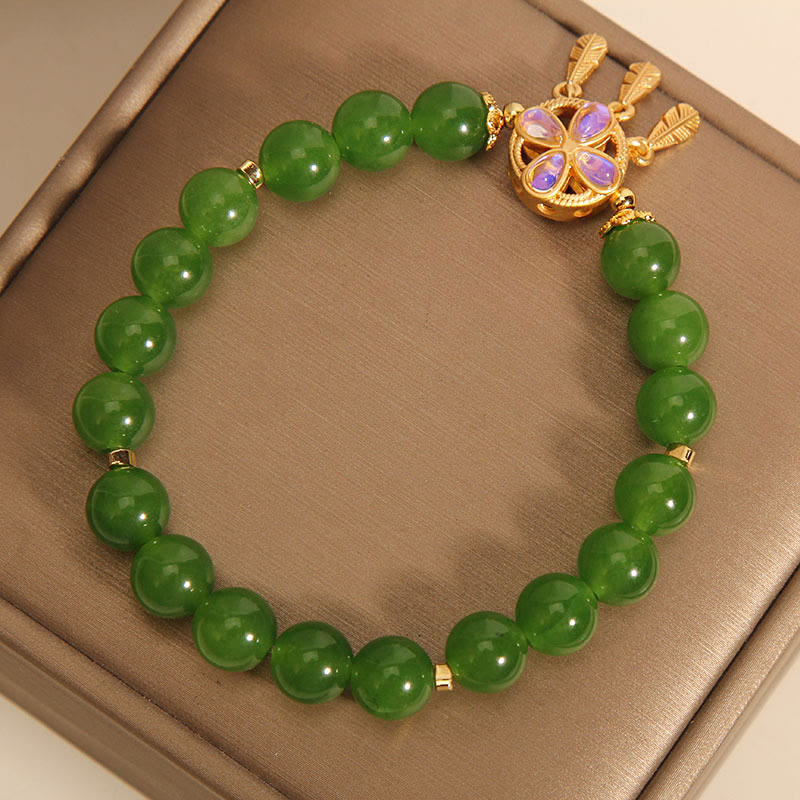 Buddha Stones Green Jade Dreamcatcher Four Leaf Clover Luck Bracelet Bracelet BS 3