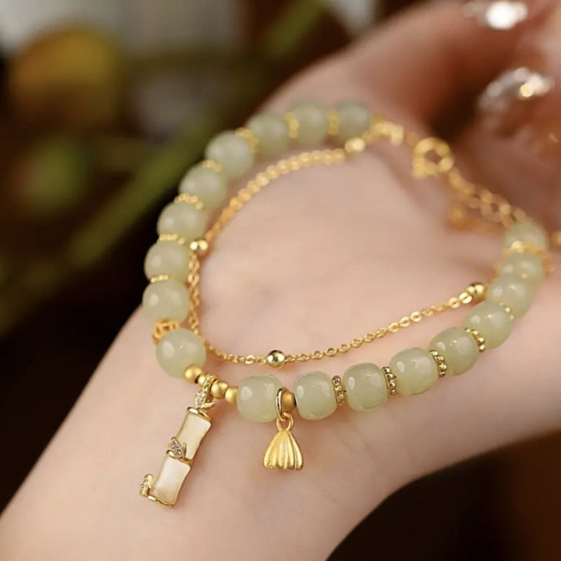 Buddha Stones Natural Hetian Jade Prosperity Lotus Bamboo Charm Bracelet Bracelet BS 1