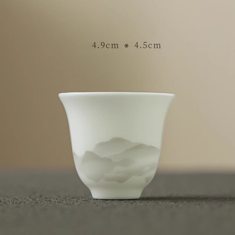 Buddha Stones Vintage Ink Painting Mountain White Porcelain Ceramic Gaiwan Sancai Teacup Kung Fu Tea Cup And Saucer With Lid Tea Utensil Teapot Cup BS Cup 4.9cm*4.5cm*40ml