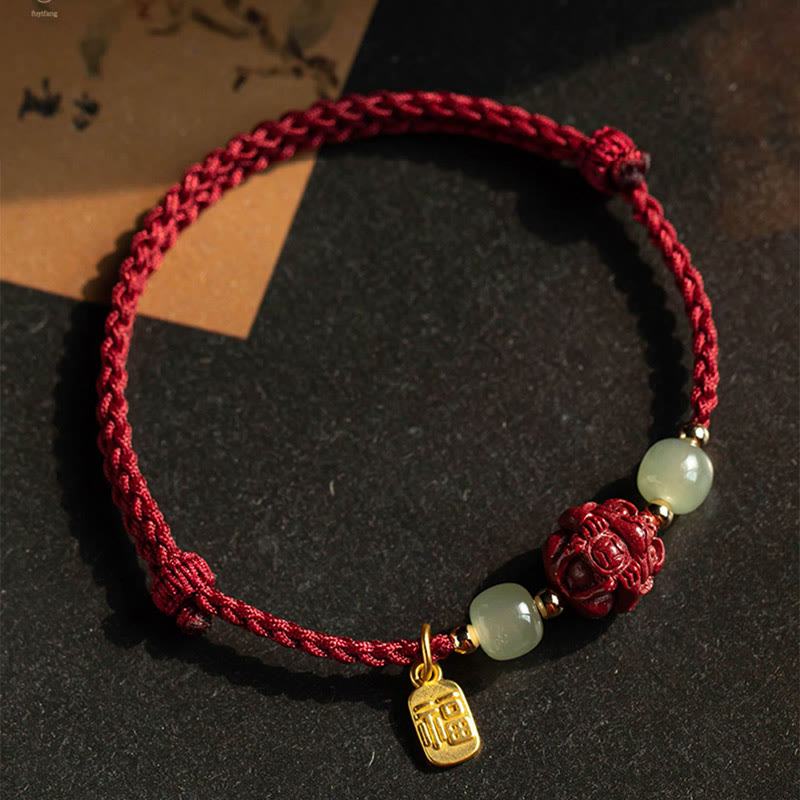Buddha Stones Natural Cinnabar Chinese Zodiac Hetian Jade Fu Character Luck Rope Bracelet - image 13