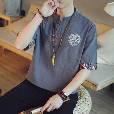Buddha Stones Frog-Button Dragon Embroidery Chinese Tang Suit Short Sleeve Shirt Linen Men Clothing Men's Shirts BS 7