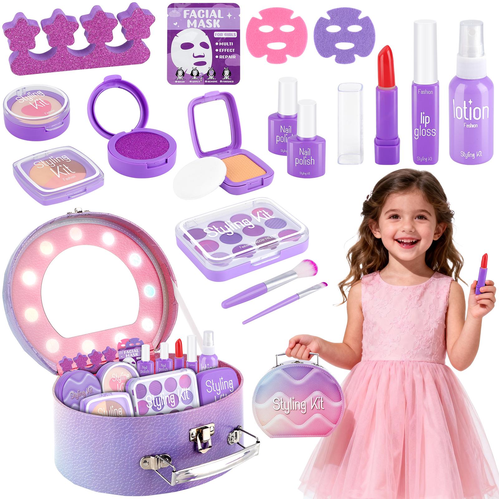 Girls Pretend Makeup Kit with Carry Case My First Kids Makeup Playset for Toddlers Safe Mess-Free Fake Makeup Complete Playset for Imagination Role Play Early Learning Perfect Gift for Girls 3+