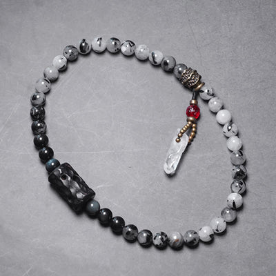 Buddha Stones Black Rutilated Quartz Ebony Wood White Crystal Success Couple Bracelet Bracelet BS 7