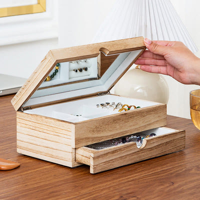 Buddha Stones Retro Beige Wooden Jewelry Box Two-Layer Jewelry Storage Box With Mirror - image 6
