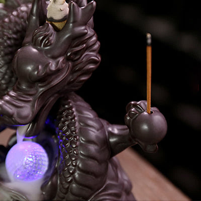 Buddha Stones Auspicious Dragon Ceramic Backflow Smoke Fountain Meditation Healing Incense Burner Led Ball Decoration Incense Burner BS 8