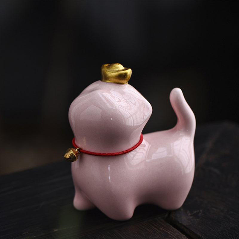 Buddha Stones Mini Lucky Cat Ingot Tea Pet Ceramic Home Desk Figurine Decoration Decorations BS Lucky Cat Pink 5.5*3.2*6cm