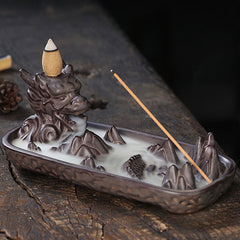 Buddha Stones Dragon Mountain Strength Ceramic Incense Burner Decoration Incense Burner BS Sienna