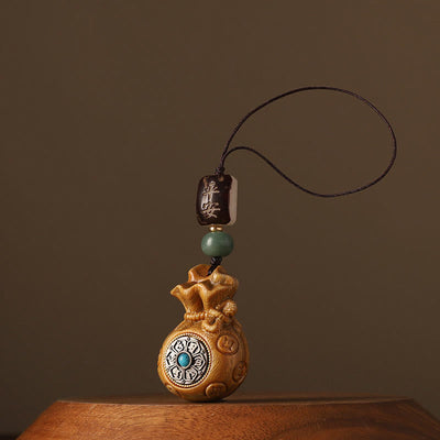 Porte-clés rotatif de protection Foviel en bois de santal rouge à petites feuilles et bois de santal vert, motif sac d'argent et Om Mani Padme Hum, décoration à suspendre pour téléphone
