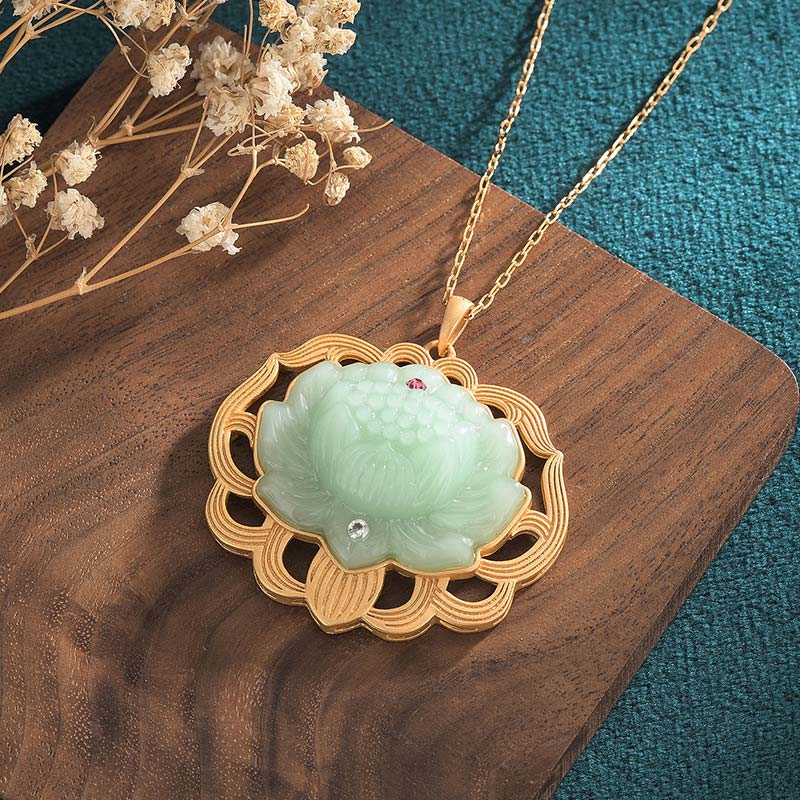 Buddha Stones Natural Jade Lotus Harmony Necklace Pendant Necklaces & Pendants BS 1