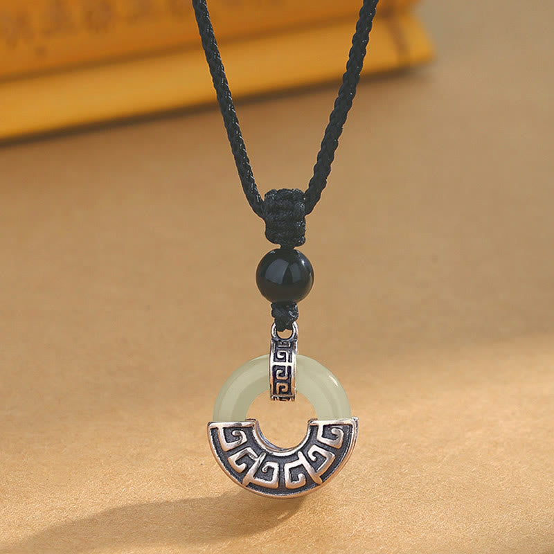 Foviel 925 Sterling Silver Natural Hetian Jade Peace Buckle Prosperity Necklace Pendant