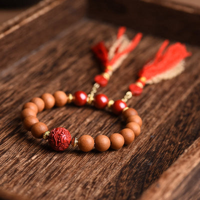 Buddha Stones Tibetan Natural Peach Wood Cinnabar PiXiu Wealth Tassels Bracelet Bracelet BS 2