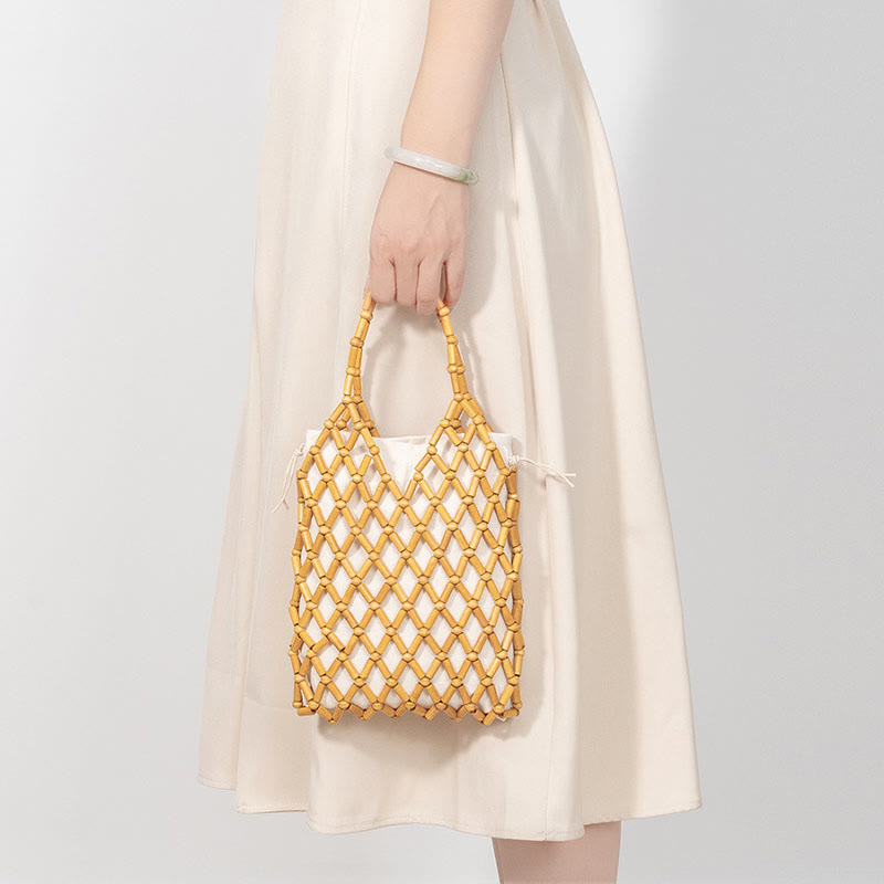 Buddha Stones Hand-woven Mesh Hollow Wooden Beads Handbag Handbags BS 16