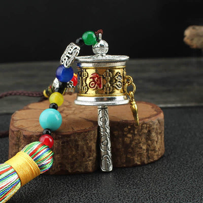 Buddha Stones Tibet Om Mani Padme Hum Prayer Wheel Tassel Bag Car Hanging Decoration Car Hanging Decoration BS 5