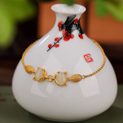 Buddha Stones 925 Sterling Silver Natural Hetian White Jade Cyan Jade Lovely Fox Luck Bracelet Bracelet BS 6