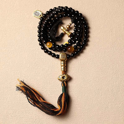 Buddha Stones Tibetan 108 Mala Beads Black Onyx Tiger Eye Beads Nine Palaces Bagua Protection Bracelet Mala Bracelet BS Black Onyx&Tassels 8mm