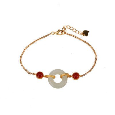 Buddha Stones 925 Sterling Silver Plated Gold Natural Hetian Jade Peace Buckle Red Agate Luck Bracelet Bracelet BS 6