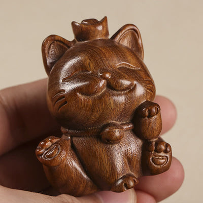 Buddha Stones Mini Green Sandalwood Ingot Lucky Cat Carved Peace Desk Decorations Decorations BS 11