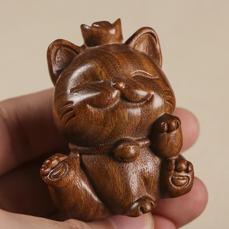 Buddha Stones Mini Green Sandalwood Ingot Lucky Cat Carved Peace Desk Decorations Decorations BS 11