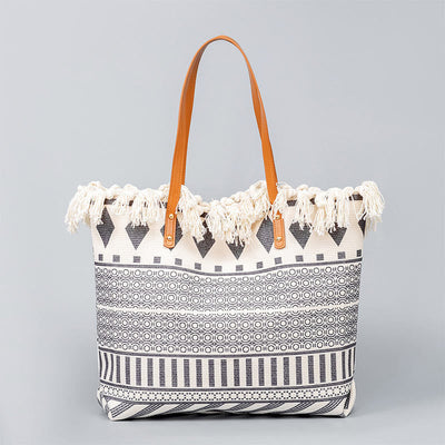 Buddha Stones Large Capacity Boho Geometry Print Tassel Canvas Tote Shoulder Bag Shoulder Bag BS Beige Geometry 50*10*32cm