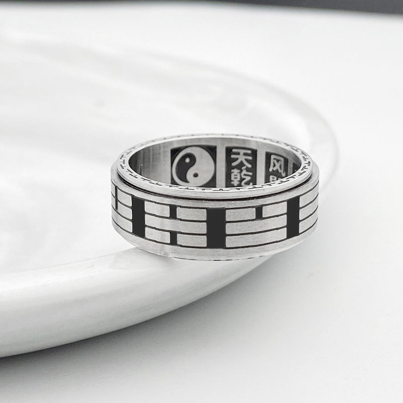 Buddha Stones Bagua Yin Yang Titanium Steel Balance Rotatable Ring Ring BS 7