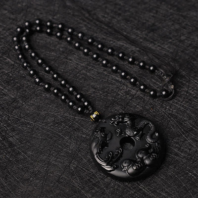 Buddha Stones Black Obsidian Dragon Phoenix Mandarin Duck Luck Protection Necklace Pendant Necklaces & Pendants BS 3