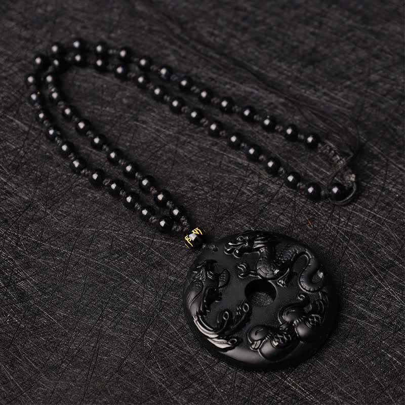 Buddha Stones Black Obsidian Dragon Phoenix Mandarin Duck Luck Protection Necklace Pendant Necklaces & Pendants BS 3