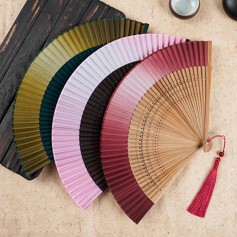 Buddha Stones Solid Color Gradient Hollow Engraved Handheld Bamboo Folding Fan Folding Fan BS main