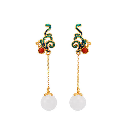 Buddha Stones Vintage White Jade Red Agate Bead Blessing Drop Dangle Earrings Earrings BS 7