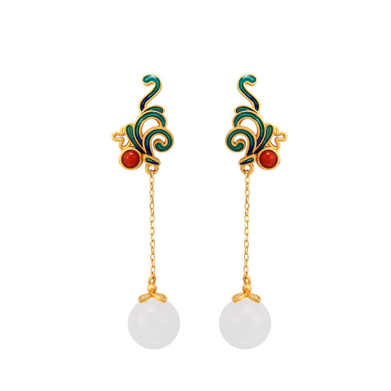 Buddha Stones Vintage White Jade Red Agate Bead Blessing Drop Dangle Earrings Earrings BS 7