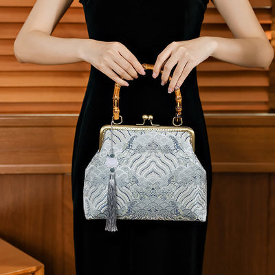 Buddha Stones Silver Lines Bamboo Handle Metal Chain Crossbody Bag Handbags Crossbody Bag&Handbags BS 1