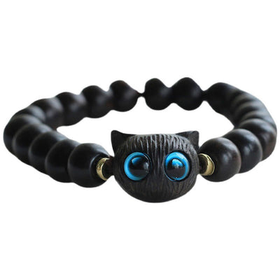 Buddha Stones Ebony Wood Green Sandalwood Cute Cat Peace Bracelet Bracelet BS 2
