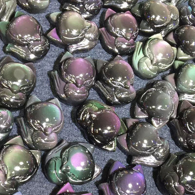 Buddha Stones Natural Rainbow Obsidian Gold Sheen Obsidian Nine Tailed Fox Positive Necklace Pendant - image 14