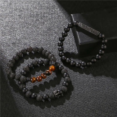 Buddha Stones 3Pcs Frosted Stone Lava Rock Tiger Eye Activate Bracelet Bracelet BS 5