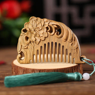 Buddha Stones Green Sandalwood Fox Peony Flower Lotus Engraved Cure Tassel Comb Comb BS Flowers Blooming Green Sandalwood