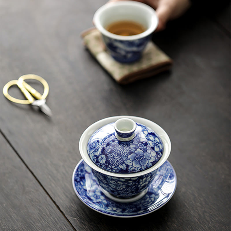 Buddha Stones Vintage Blue And White Porcelain Ceramic Gaiwan Sancai Teacup Kung Fu Tea Cup And Saucer With Lid Cup BS 10