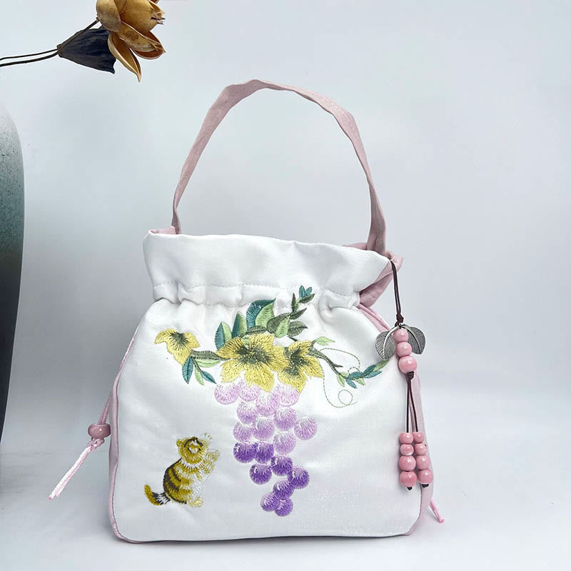 Buddha Stones Embroidered Osmanthus Peony Grape Cat Cotton Linen Tote Crossbody Bag Shoulder Bag Handbag Crossbody Bag BS Light Pink White Grape Cat 20*20*7cm