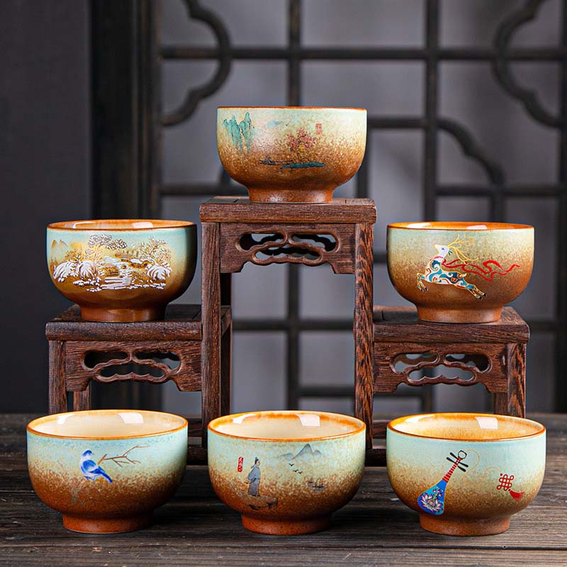 Buddha Stones Colorful Deer Pipa Snow Plum Blossoms Mountains Rivers Bird Ceramic Teacup Kung Fu Tea Cup Bowl Cup BS 14