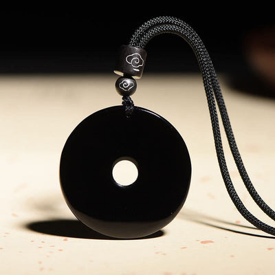Buddha Stones Chinese Zodiac Natural Black Obsidian Peace Buckle Strength Necklace Pendant Necklaces & Pendants BS 7