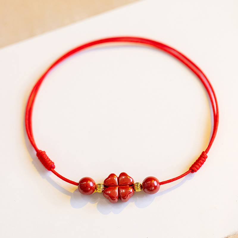 Buddha Stones Four Leaf Clover Cinnabar Blessing Calm String Bracelet Anklet Bracelet BS 4