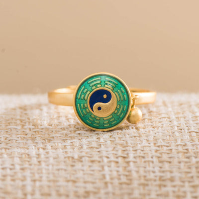 Buddha Stones Yin Yang Copper Luck Wealth Rotatable Ring Rings BS 5