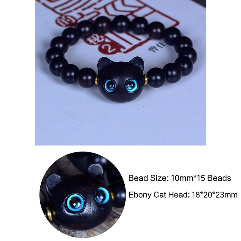 Buddha Stones Ebony Wood Liuli Glass Lovely Cat Peace Balance Bracelet Bracelet BS 11