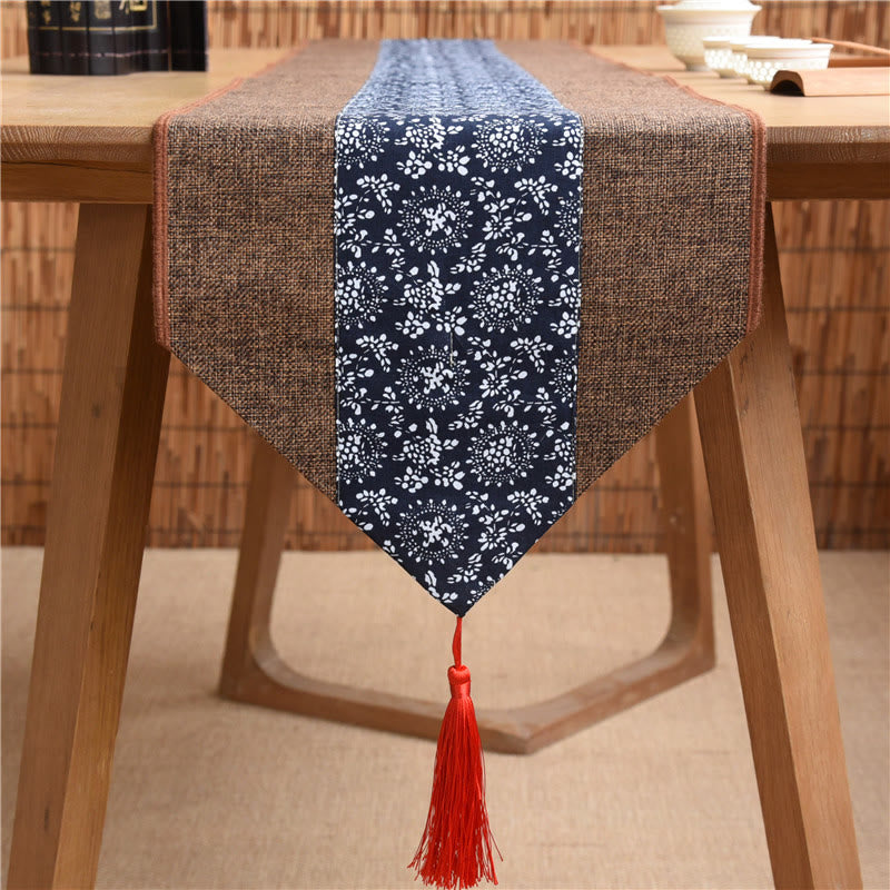 Buddha Stones Classic Chinese Style Lotus Koi Fish Flower Crane Calligraphy Enlightenment Cotton Linen Tassels Table Runner Table Runner BS Brown Dark Blue Flower 30*180cm