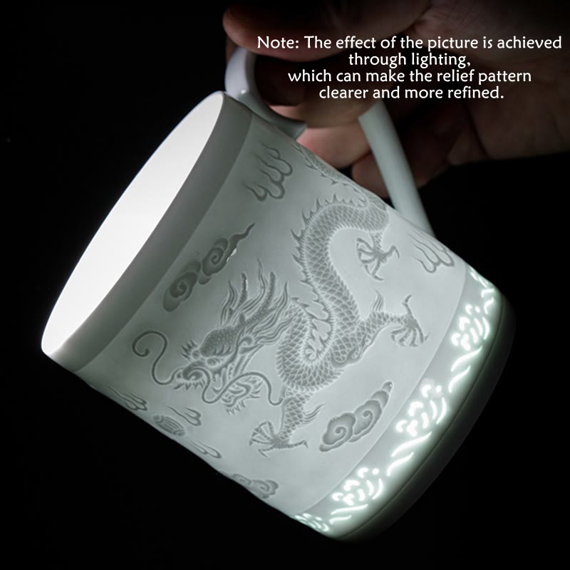 Buddha Stones Jingdezhen Linglong Porcelain Auspicious Dragon Phoenix Boat Smooth Sailing Ceramic Teacup Office Tea Cups 420ml Cup BS 1
