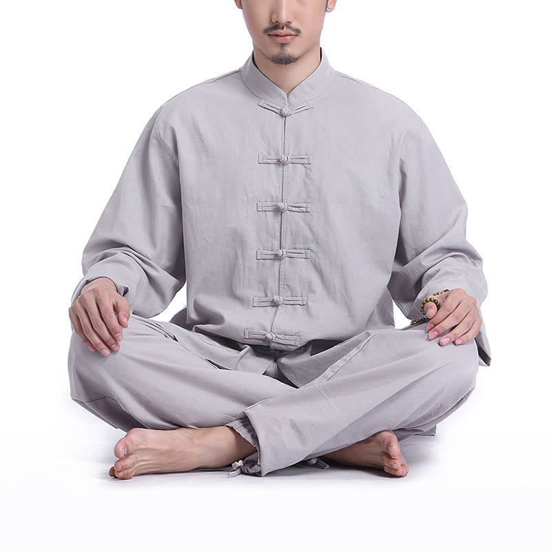 Buddha Stones Chinese Frog Button Design Meditation Prayer Cotton Linen Spiritual Zen Practice Yoga Clothing Men's Set - Gray(Long Sleeve) - US/UK/AU44，EU54 (3XL) - image 0