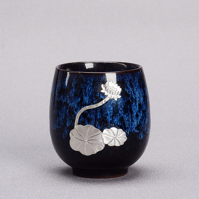 Buddha Stones Silver Lotus Flower Leaf Chinese Jianzhan Ceramic Teacup Kung Fu Tea Cup 150ml Jian Zhan Tea Cup BS Blue 6cm*7.5cm*150ml