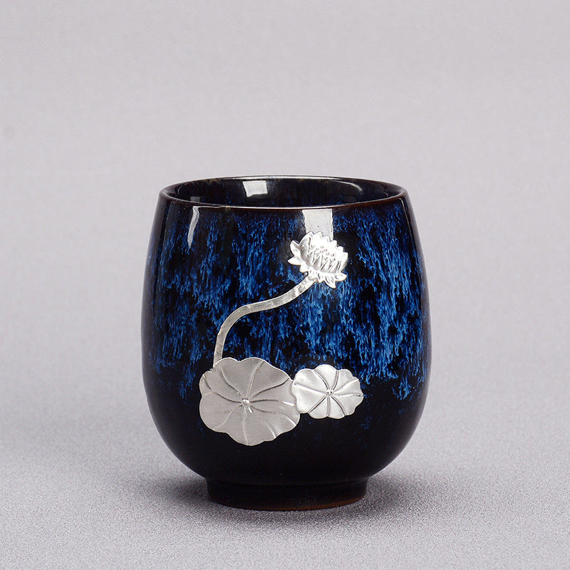 Buddha Stones Silver Lotus Flower Leaf Chinese Jianzhan Ceramic Teacup Kung Fu Tea Cup 150ml Jian Zhan Tea Cup BS Blue 6cm*7.5cm*150ml