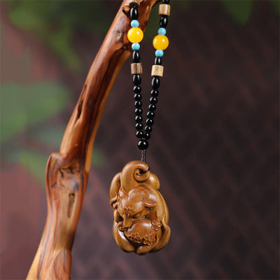 Buddha Stones Mini Nine-Tailed Fox Green Sandalwood Peace Decoration Car Hanging Decoration Decorations BS Large Green Sandalwood Nine-Tailed Fox With Bead Chain Car Hanging Decoration 6.8*4.1*2.9cm