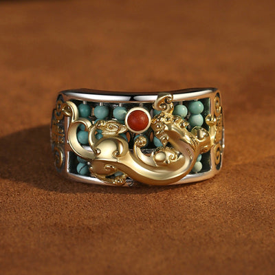 Buddha Stones 925 Sterling Silver Turquoise Red Agate PiXiu Abacus Protection Ring Ring BS Turquoise (Purification ♥ Protection)